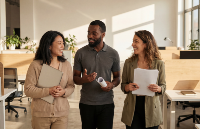 three colleagues walking and talking in a modern office