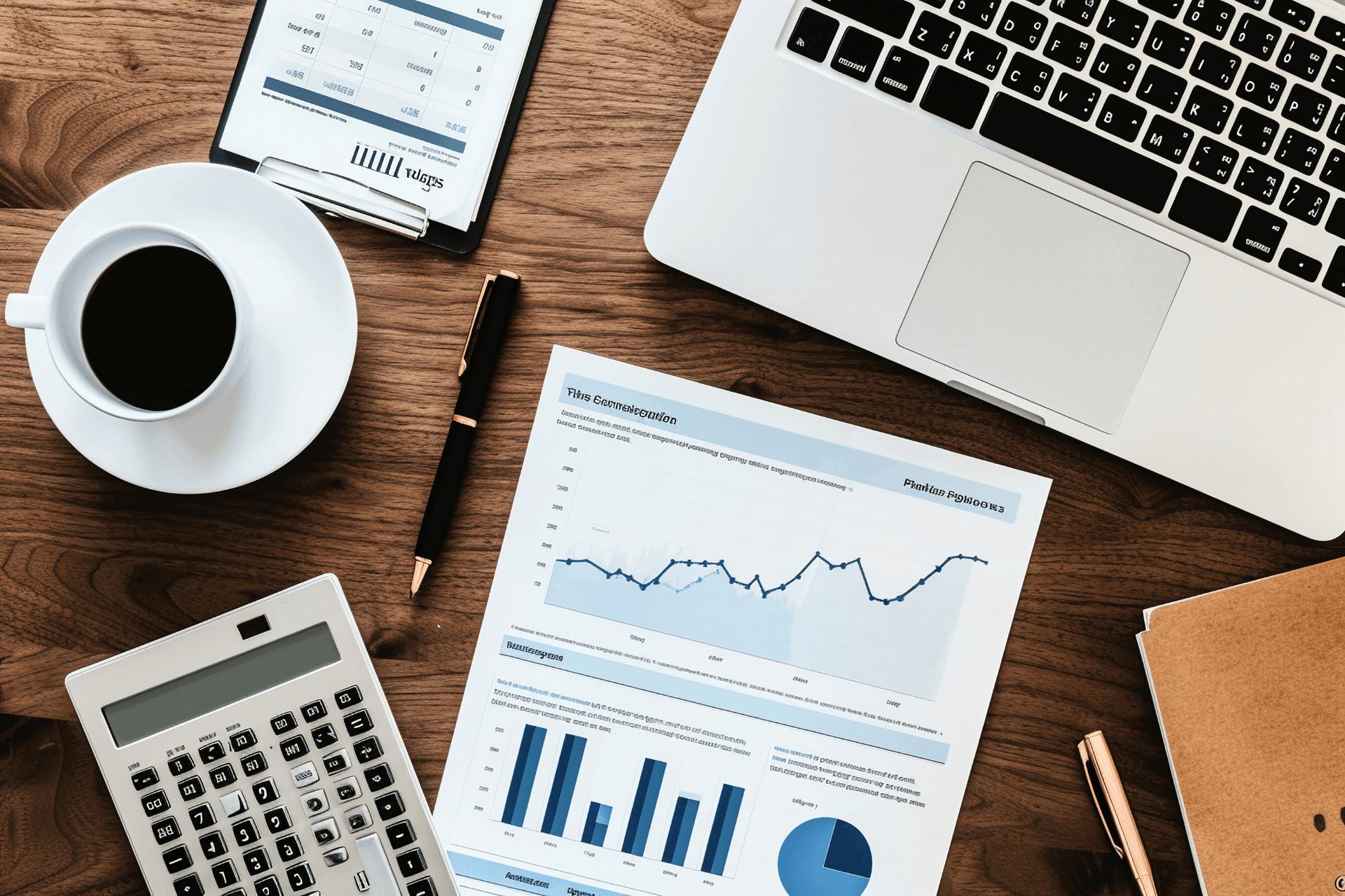 Desk workspace with laptop, calculator, coffee, and financial reports