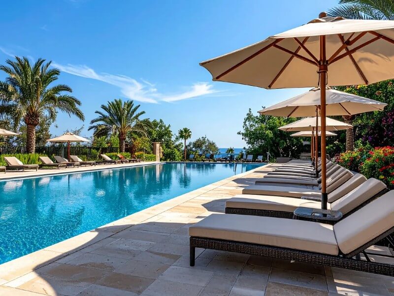 resort-style pool with lounge chairs and umbrellas